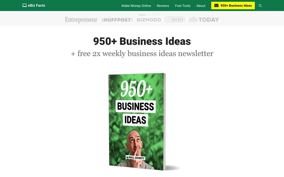 The eBiz Insider signup page: "950+ Business Ideas, plus a free business ideas newsletter"