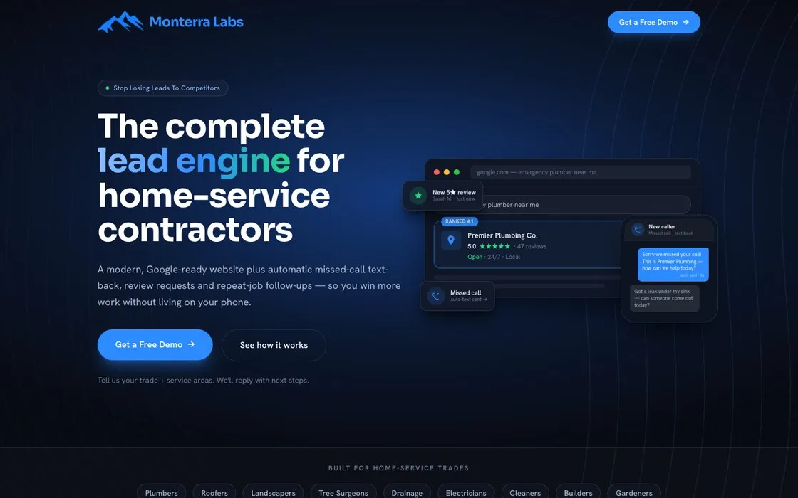 The Monterra Labs homepage: a dark hero reading "The complete lead engine for home-service contractors"