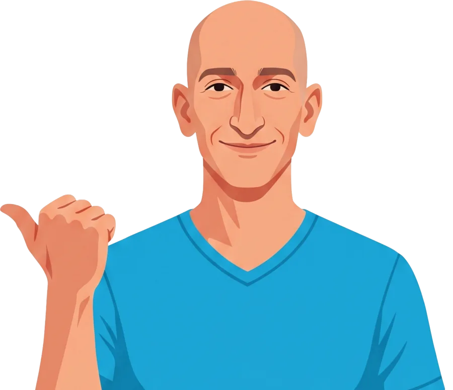 Illustrated portrait of Niall Doherty in a blue t-shirt, thumb cocked over his shoulder