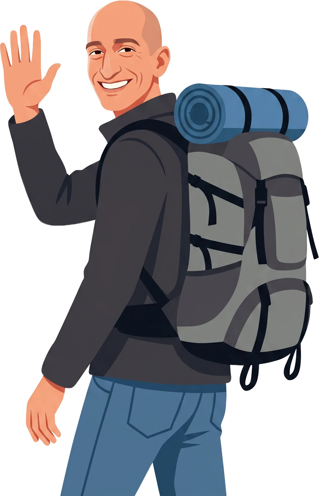 Illustrated portrait of Niall Doherty waving, a loaded travel backpack on his shoulders