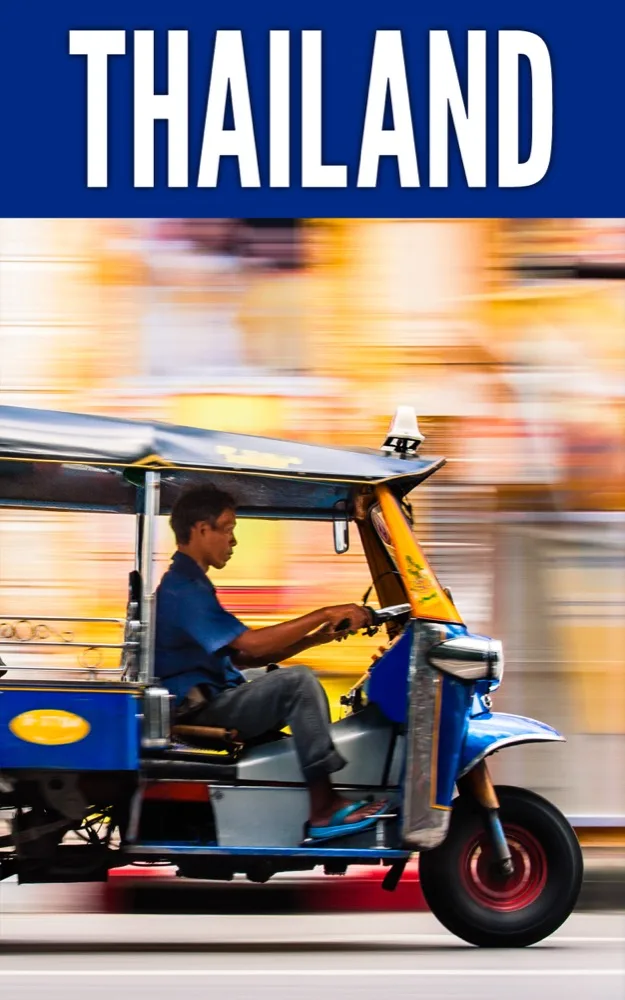 Front cover of the Wood Egg Thailand guide: the word THAILAND over a blue tuk-tuk blurring through a Bangkok street