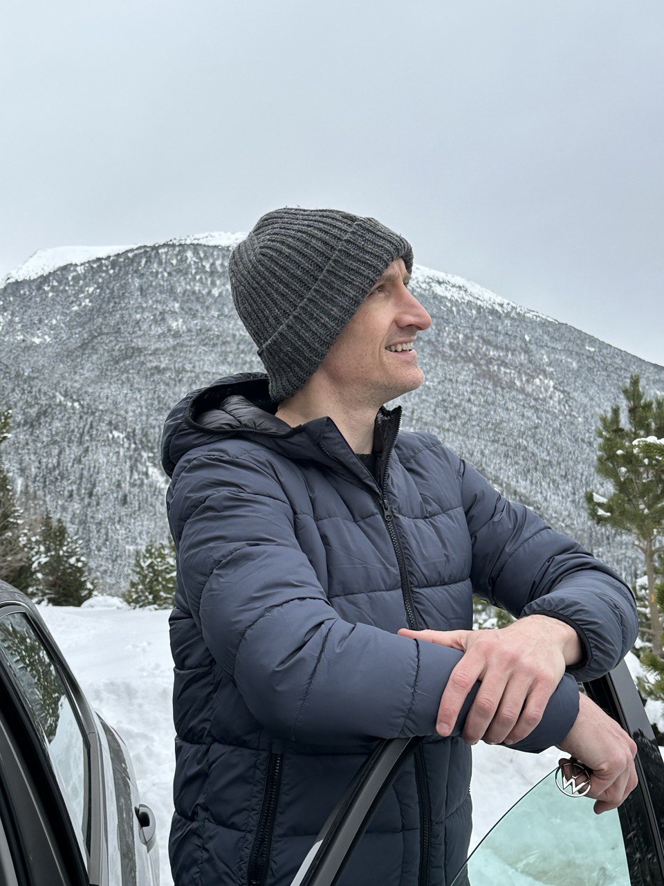 Taking in the view on a snowy drive through the mountains of Andorra.