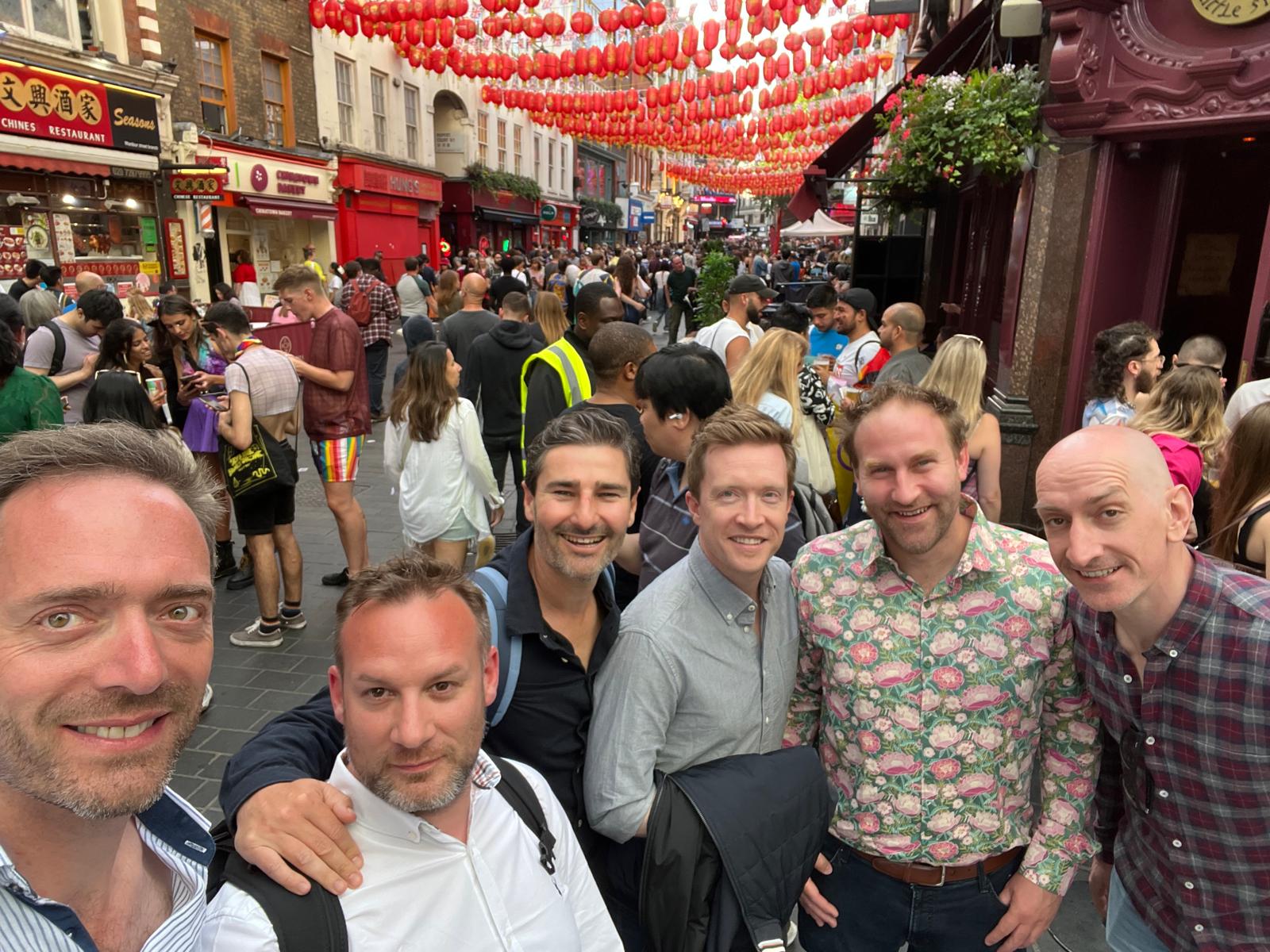 Photo of me with a group of guys from DCx London, taken when the streets were packed for Gay Pride.